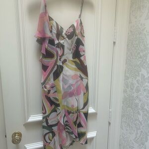 Emilio Pucci One-Shoulder Abstract Print Dress in Pink, Green & Black
